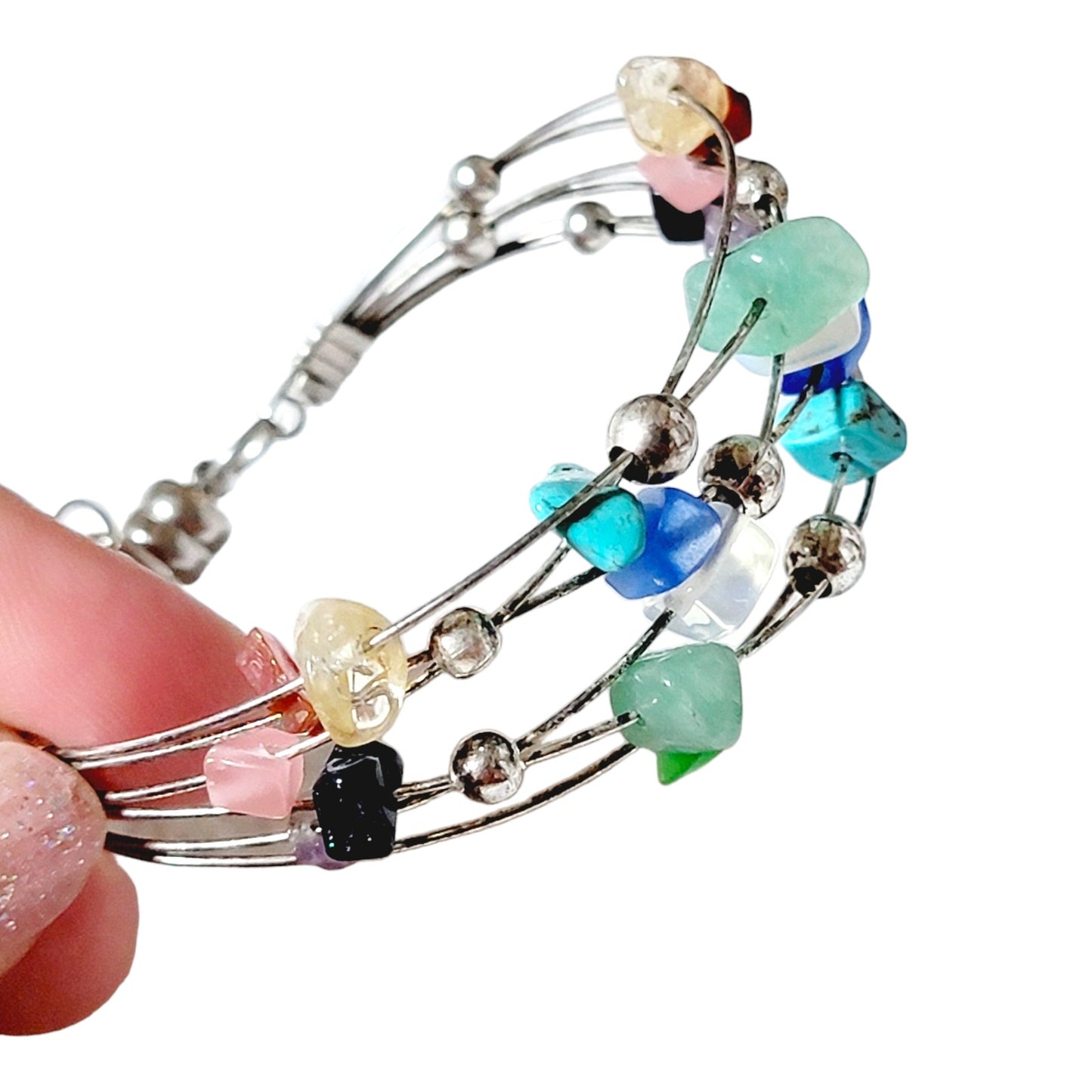 Multi-Stone Wire Bracelet with Magnetic Closure Clasp, Natural Mixed Stones