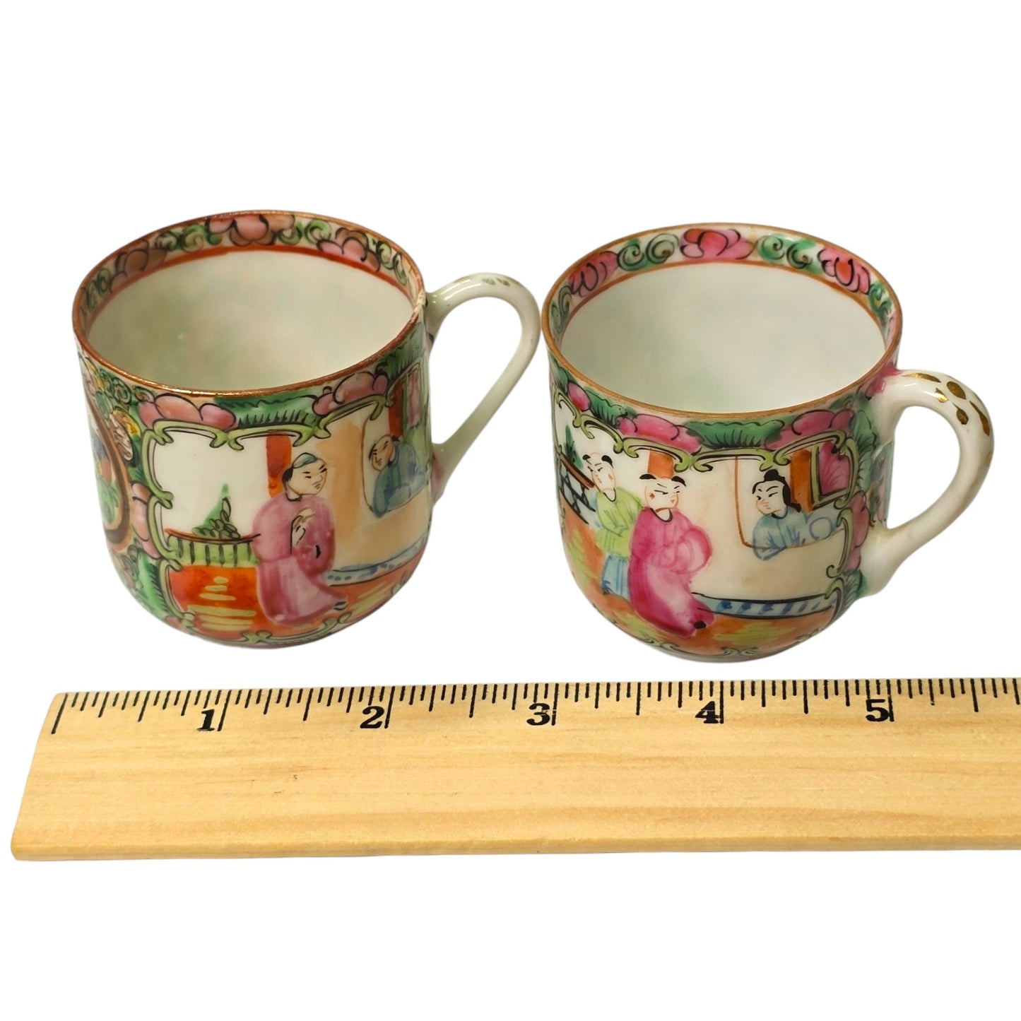 Chinese Famille Rose Medallion Tea Cups Set of 2 Made In China Stamp 2” H