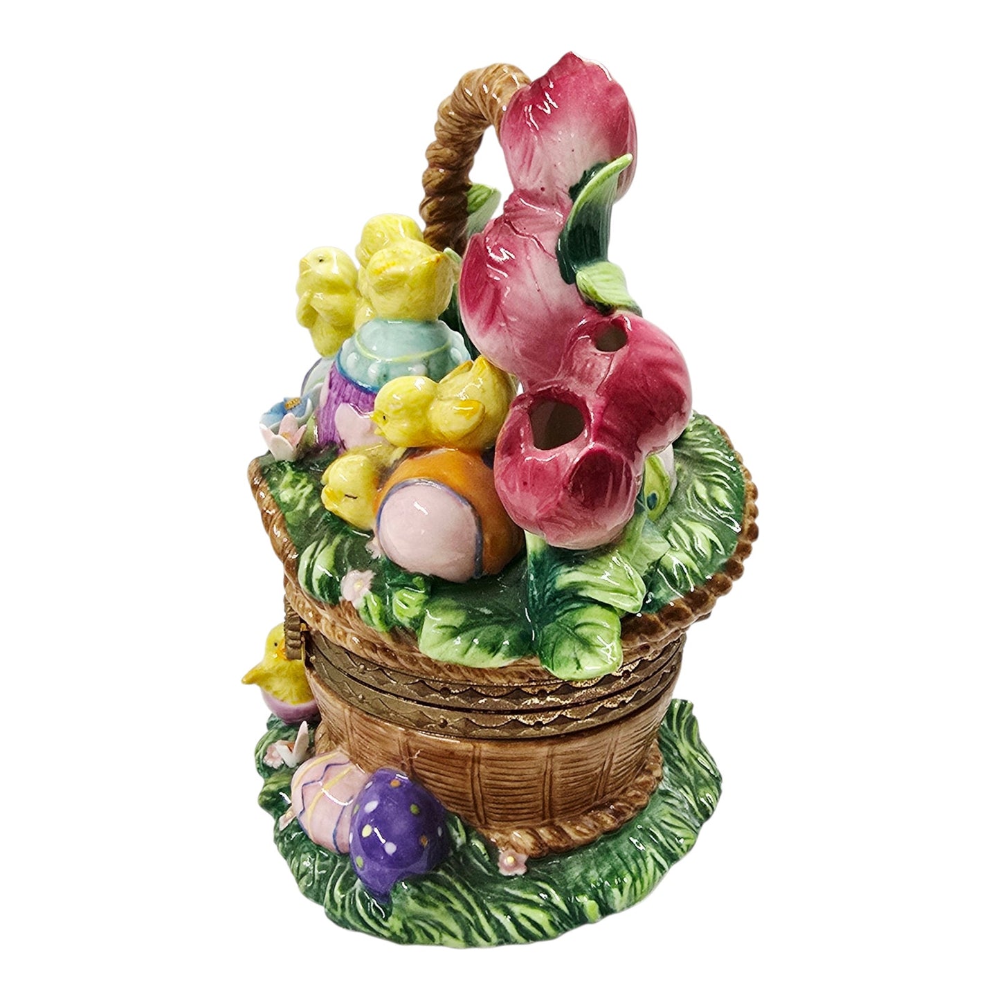 Large Hinged Ceramic Easter Basket Trinket Box Floral Chicks & Eggs Spring Decor