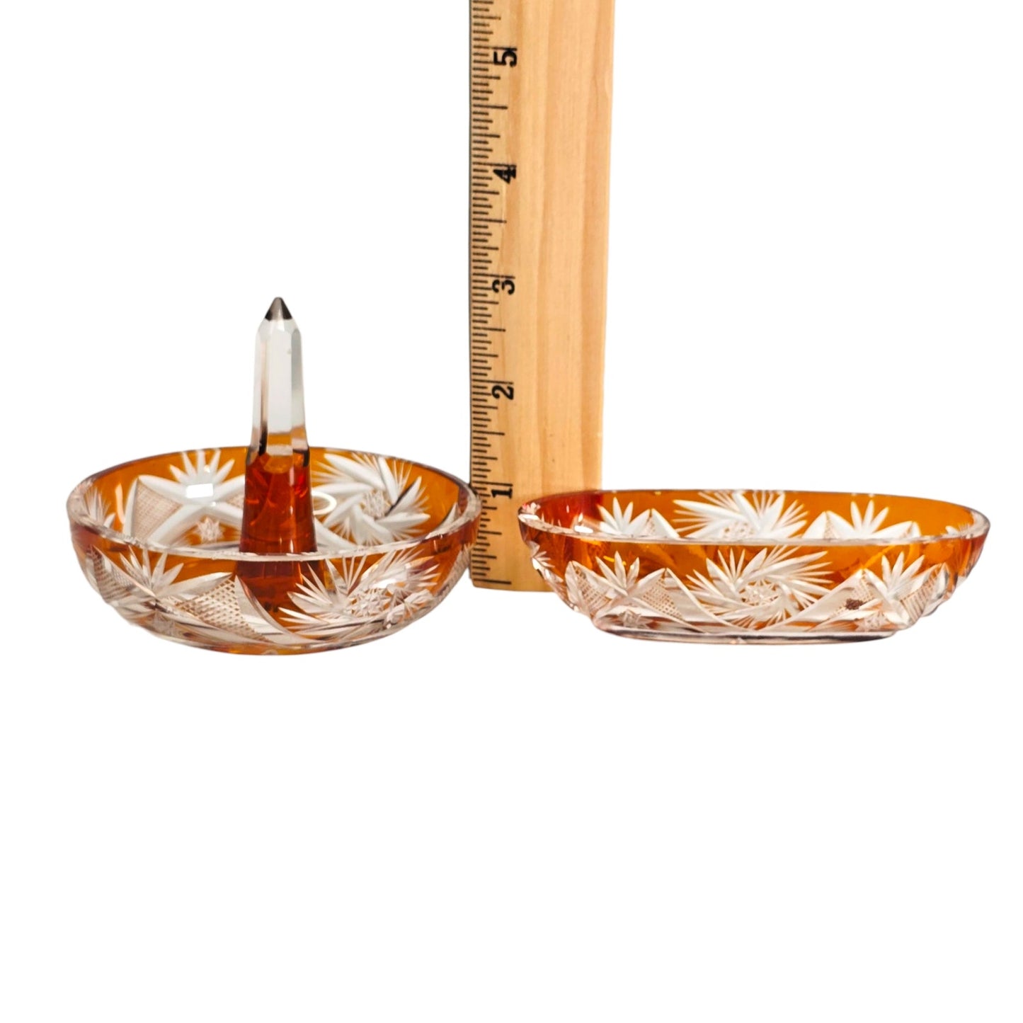 Vtg Amber Bohemian Cut Glass Vanity Set 5‑Piece Jewelry Dresser Set Orange-Brown