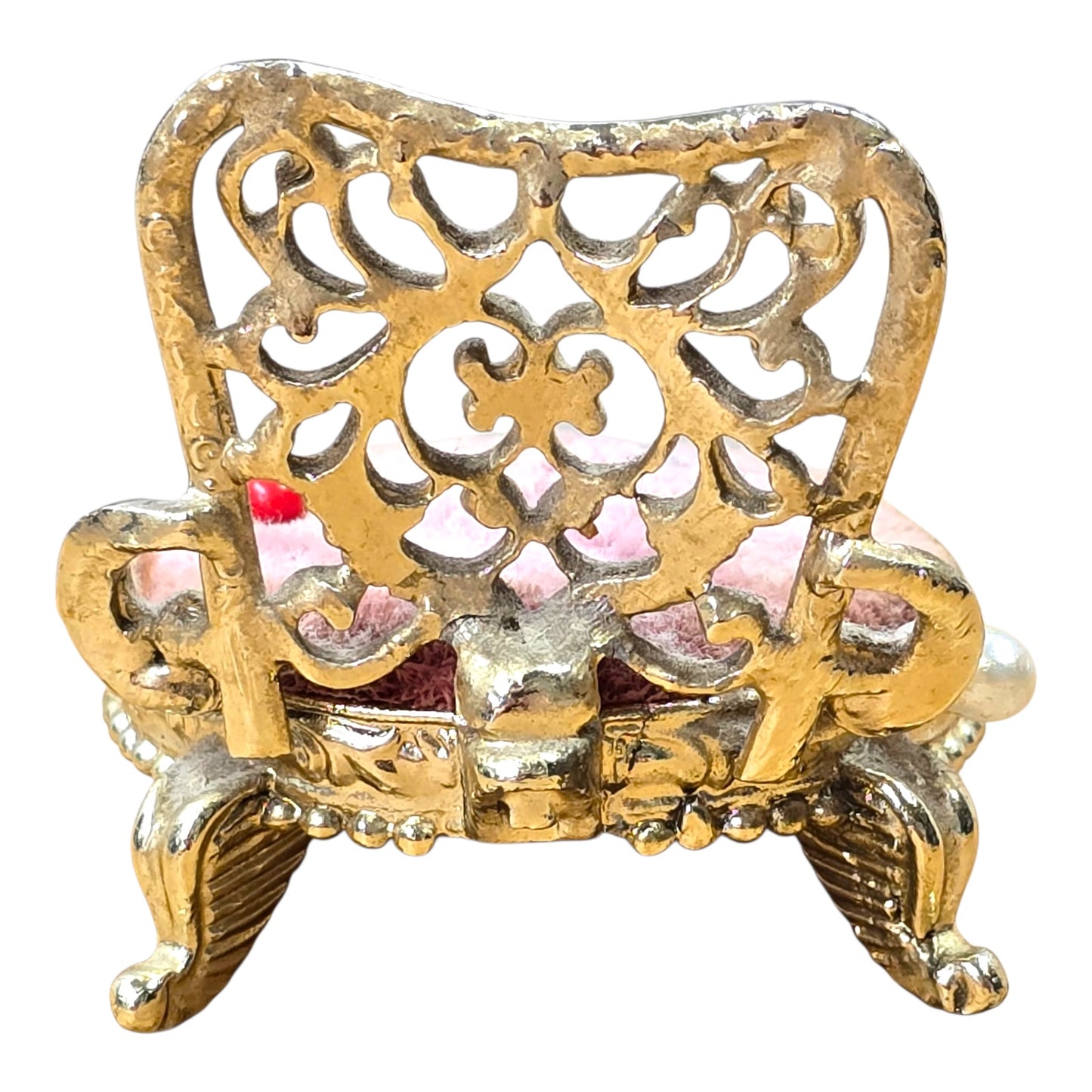Vtg Sam Fink Miniature Chair Pin Cushion Ornate Gold Filigree Sewing Dollhouse