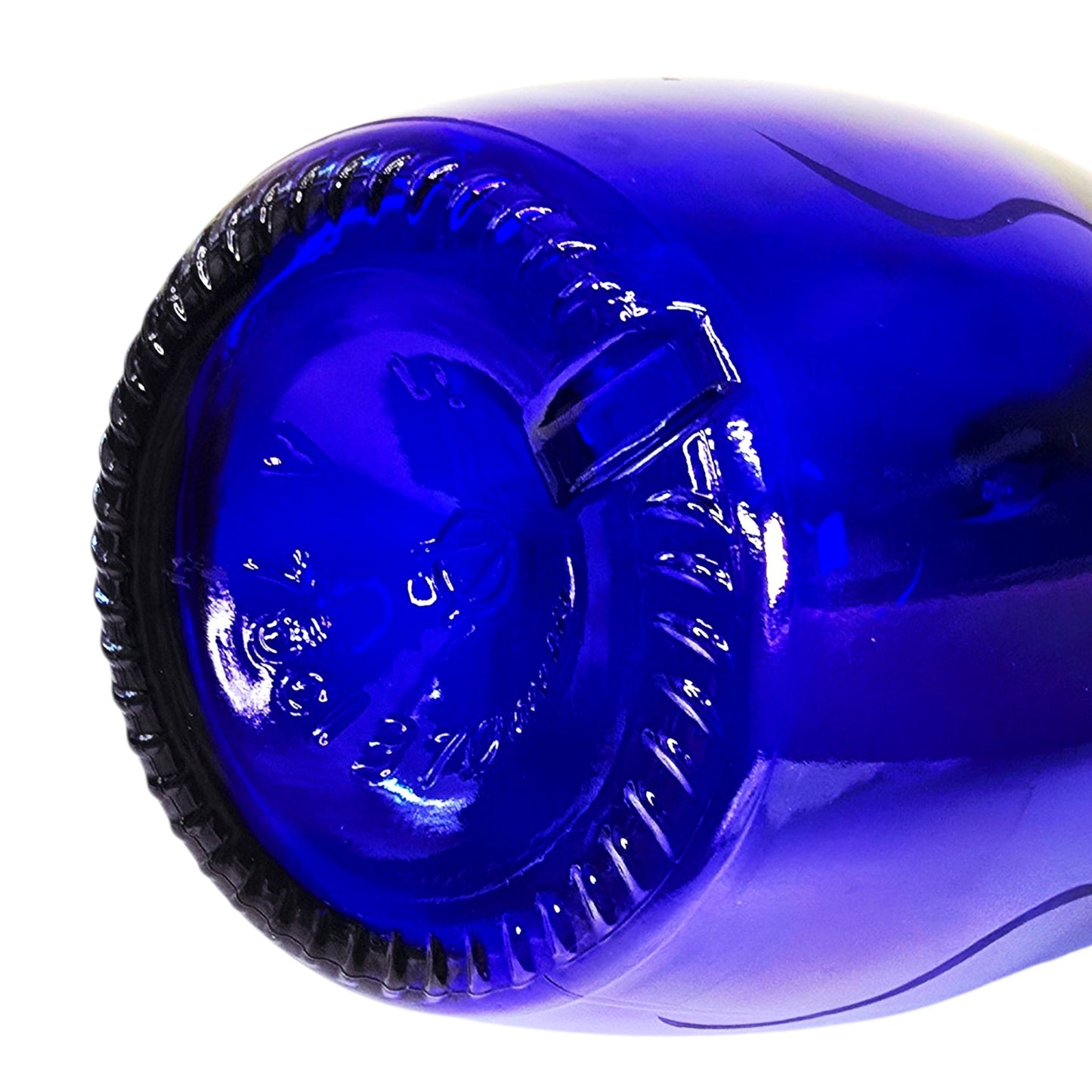 Vtg Decorative Cobalt Blue Glass Bottle with Sun / Sunburst Etching Curved Neck