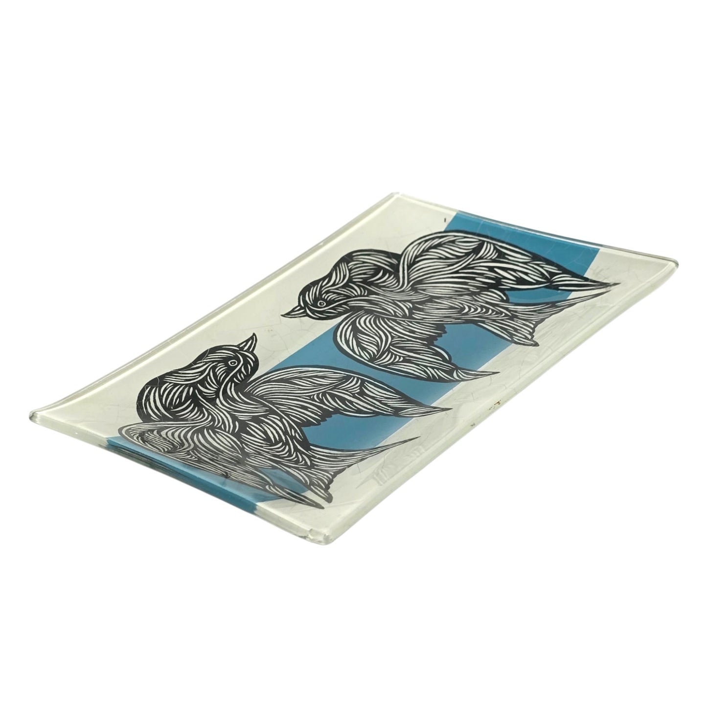 PATCH NYC x West Elm Bird Trinket Dish Reverse Painted Glass Blue White MCM READ