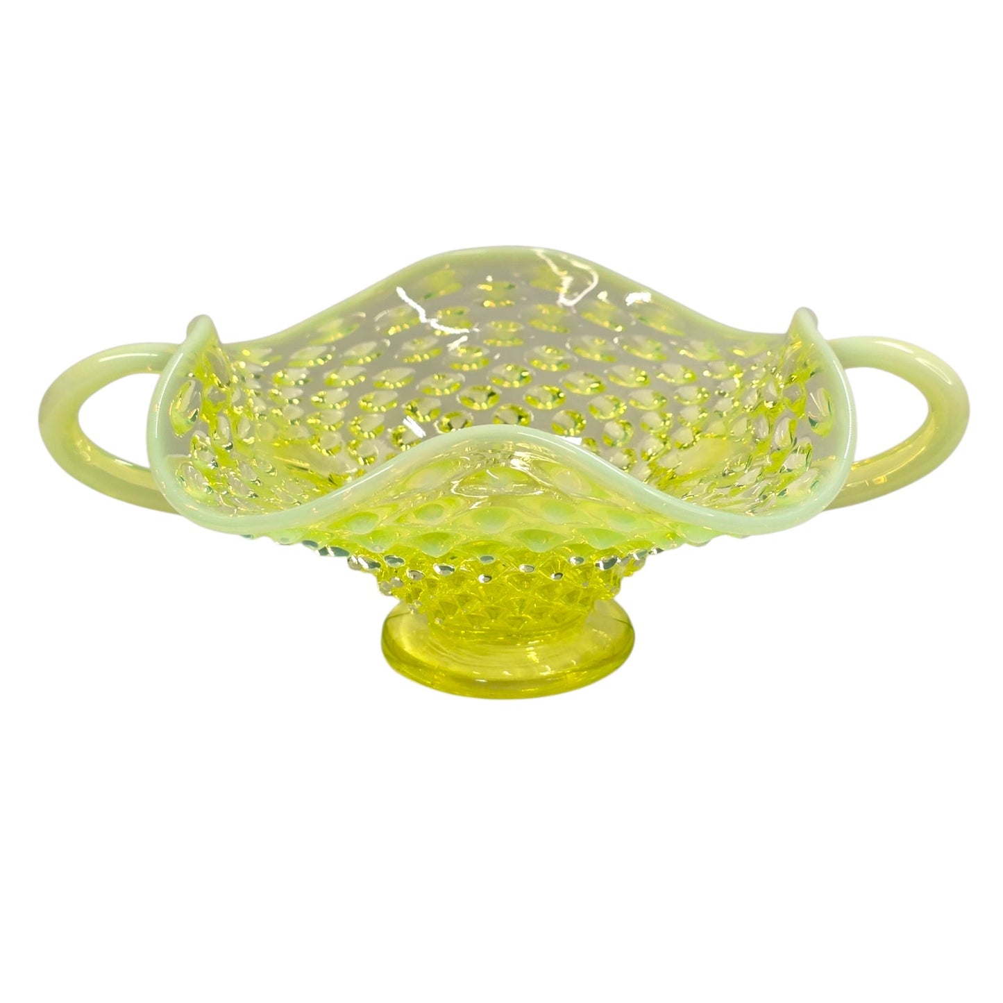 Fenton Vaseline Opalescent Hobnail Bonbon Dish Uranium Glass Double Handle Glows