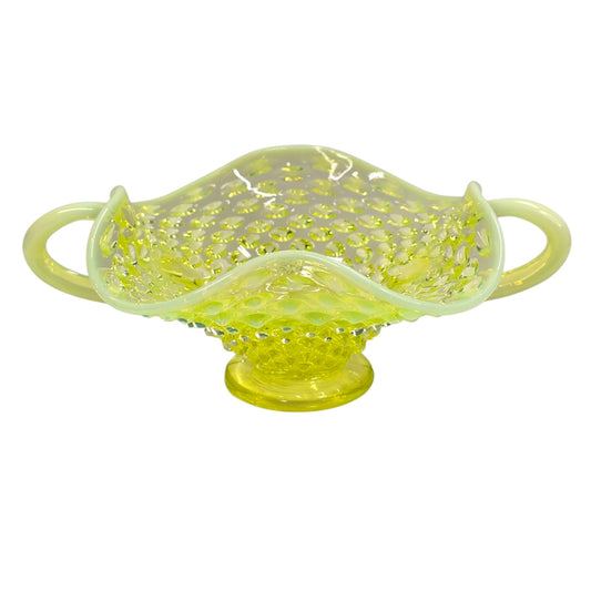 Fenton Vaseline Opalescent Hobnail Bonbon Dish Uranium Glass Double Handle Glows