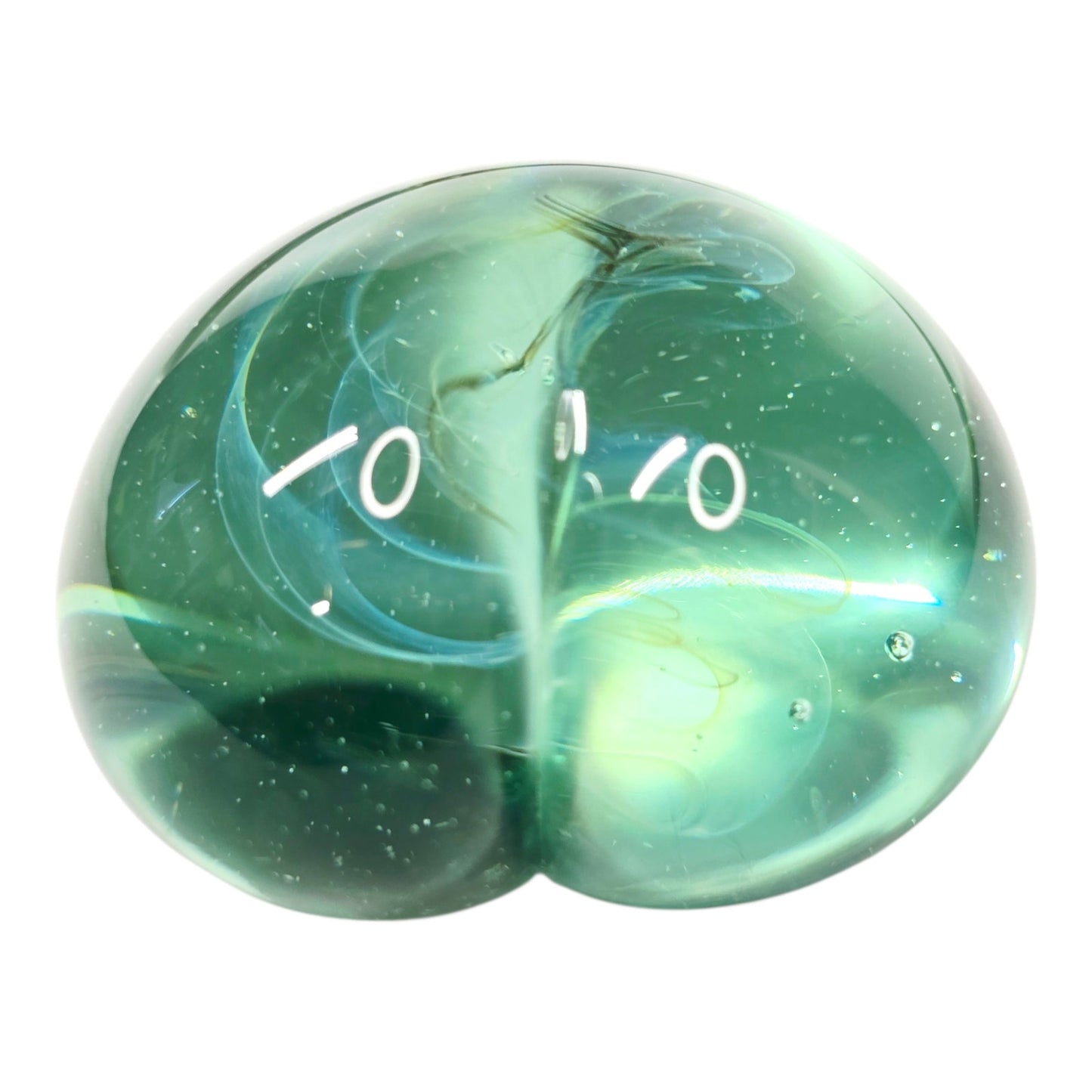 Signed Gilbert C. Johnson 1991 Art Glass Heart Paperweight Blue Green Vortex