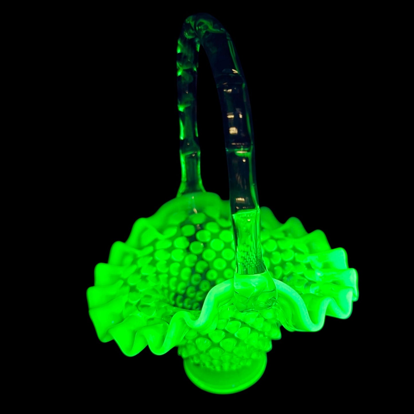 Fenton Green Opalescent Hobnail 3-Pc Set Uranium Vase Basket Dish Glows Green UV