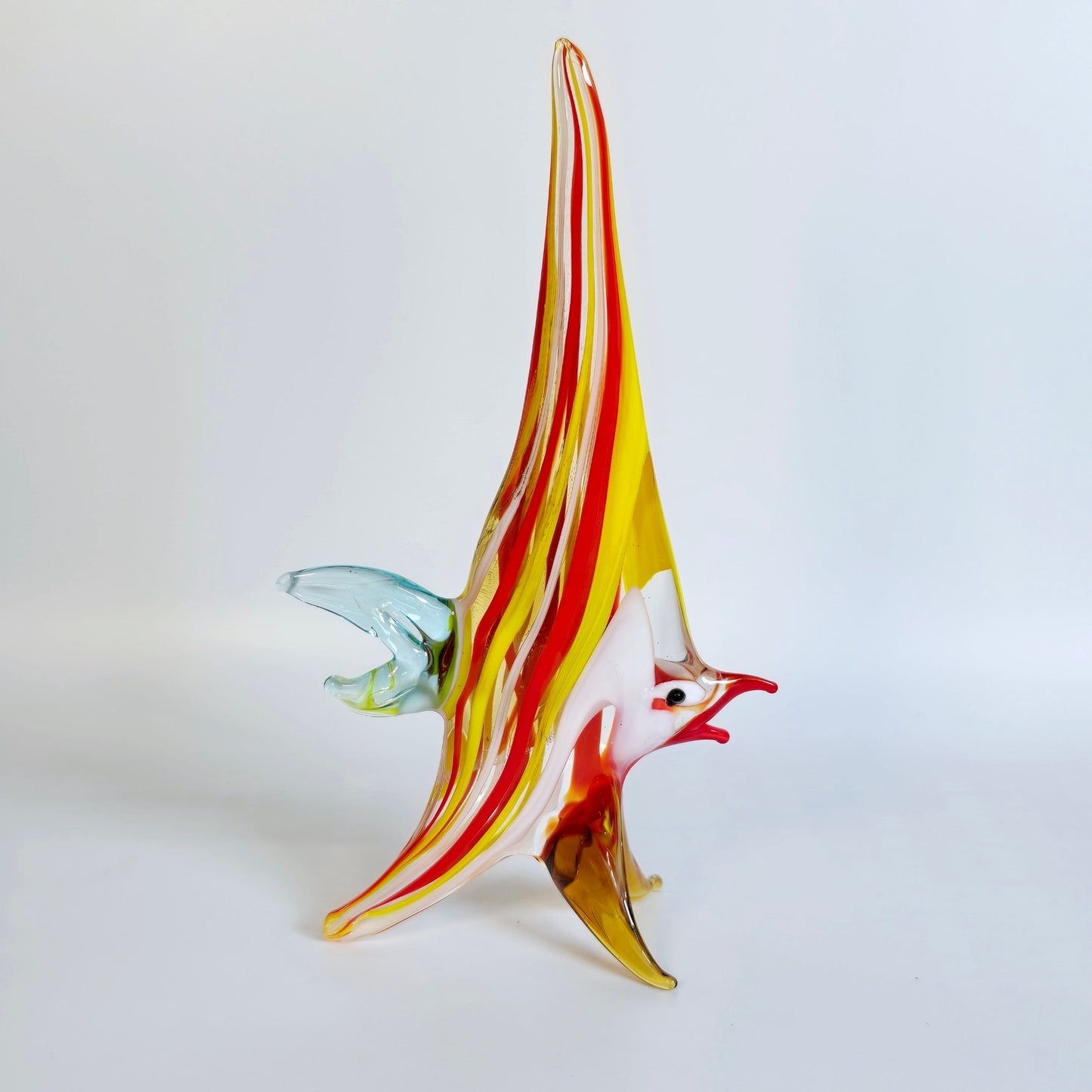 Handblown Red and Yellow Striped Art Glass Angel Fish, Stretch Glass Fish