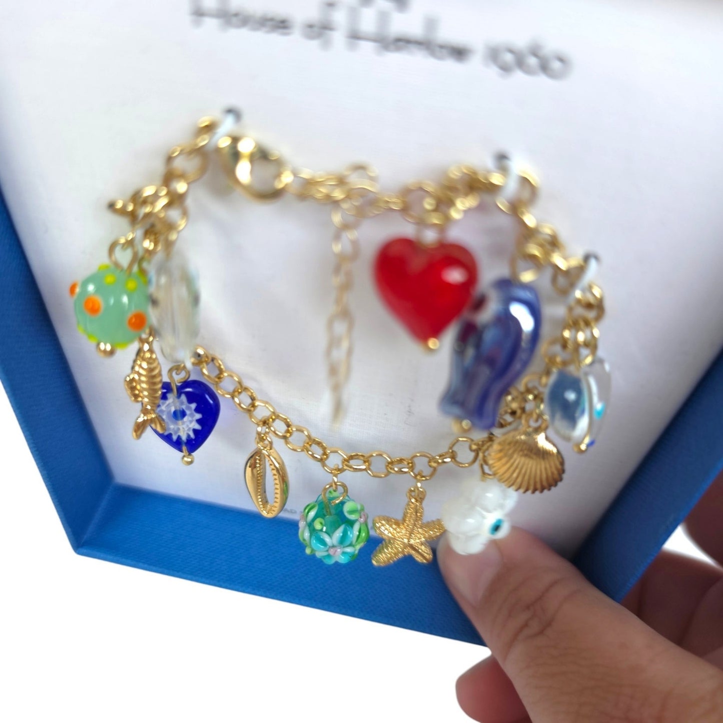 House of Harlow 1960 Gold Tone Multi Charm Bracelet Glass Lead Safe Nickel Free