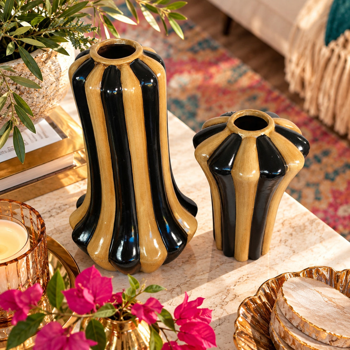Art Deco Hollywood Regency Black Tan Fluted Ceramic Vases Set of 2 Hobby Lobby