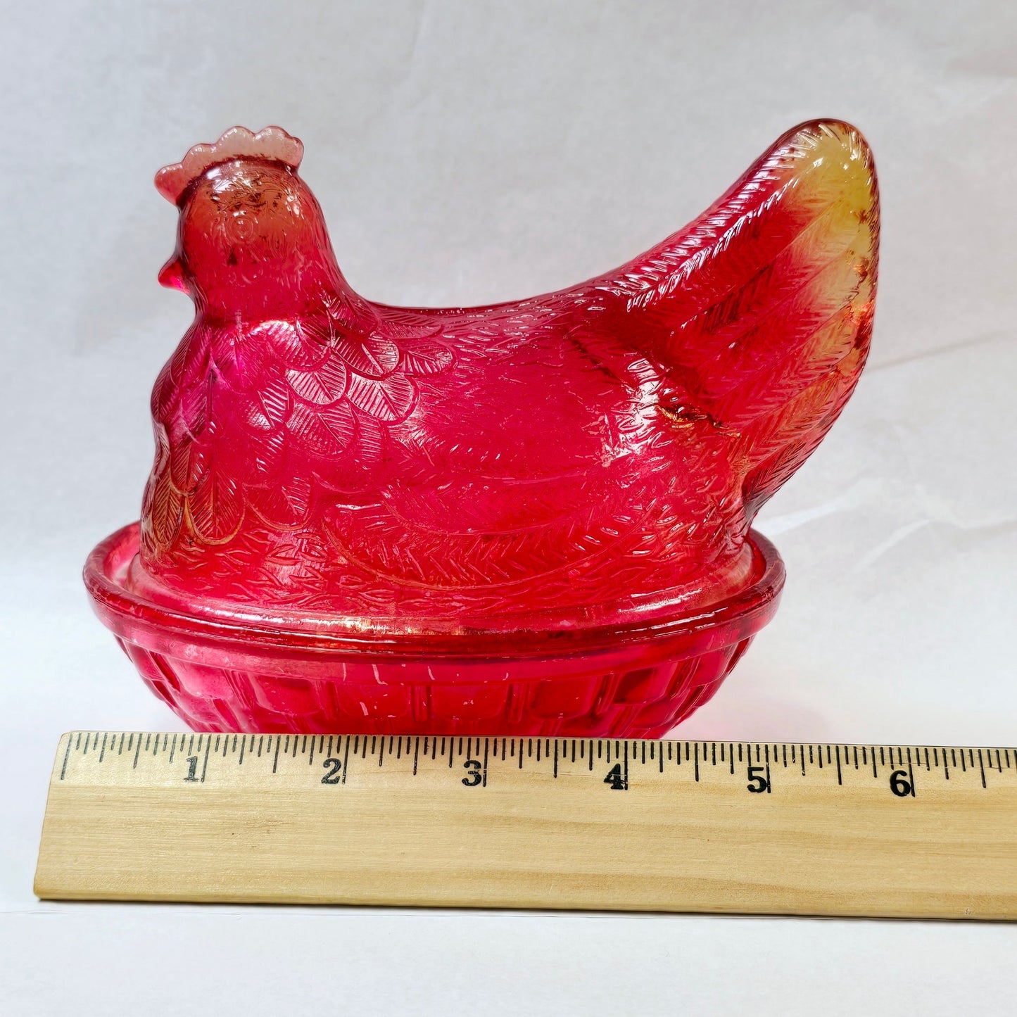 Vintage Red Amberina Flashed Glass Hen on Nest Lidded Candy Dish