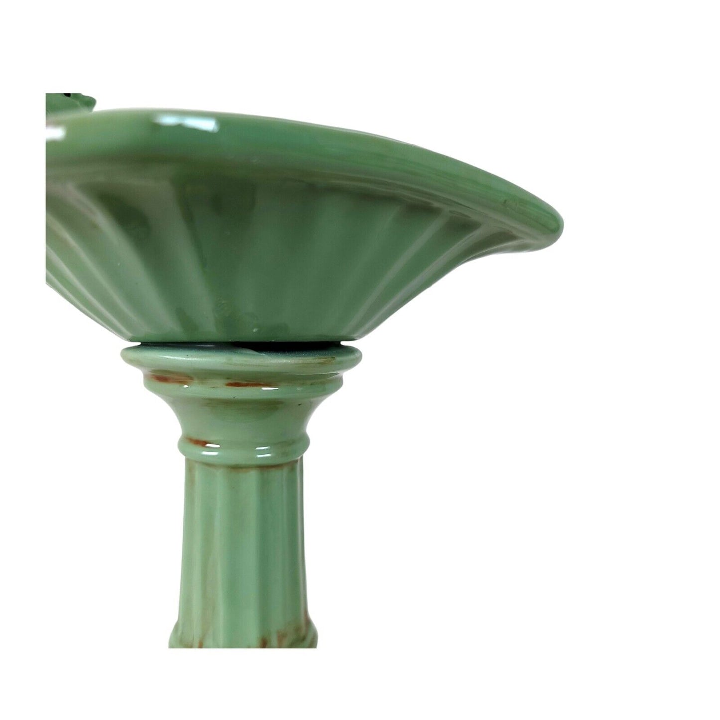 Tabletop Bird Bath Feeder Green Glazed Ceramic with 2 Perched Birds FLAW