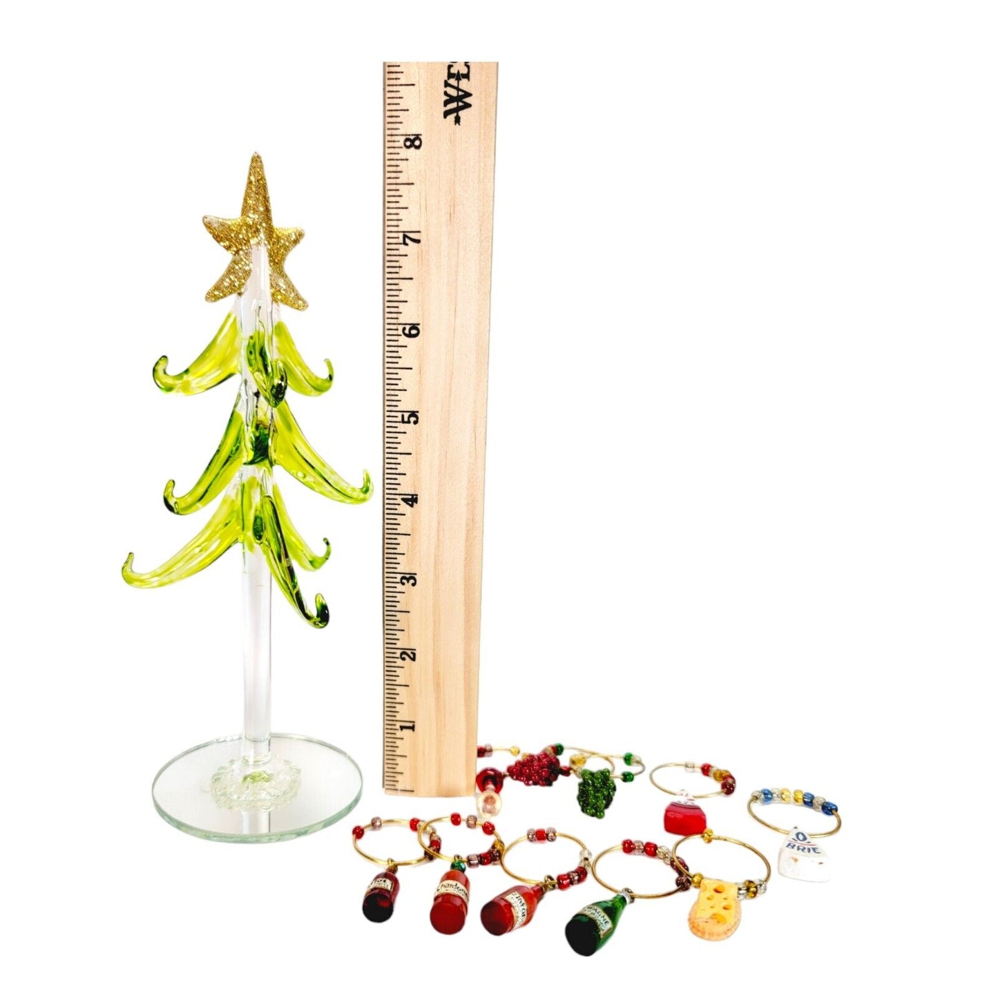 Art Glass Wine Charm Christmas Tree w/ 10 Wine Charms /Cocktail Charms, Mirrored