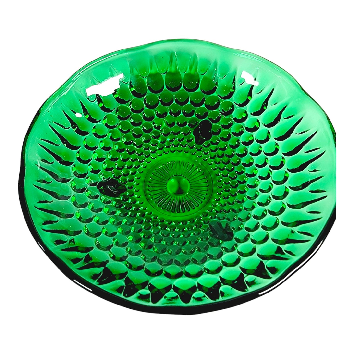 Vtg Anchor Hocking Dish, Forest Green Hobnail Glass Plate, Green Glass Trinket Dish