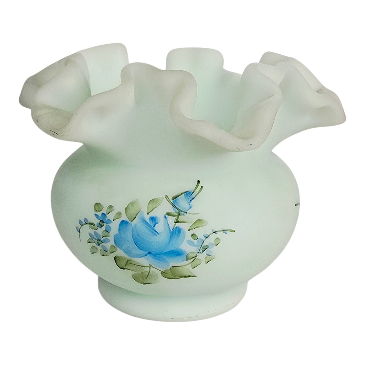 Fenton Blue Roses on Blue Satin Glass Rose Bowl - Signed