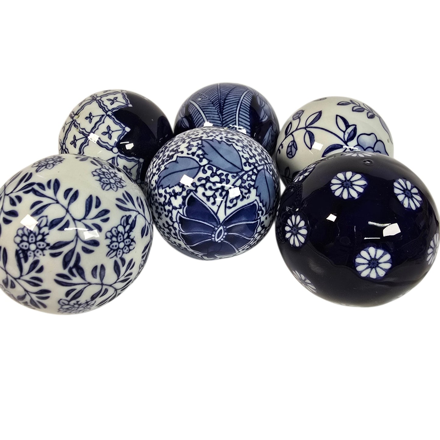 Blue and White Ceramic Decorative Orbs Set of 6 Chinoiserie Style Home Decor