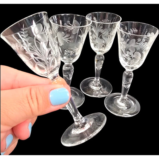 Set of 4 Vintage Tiffin Franciscan Etched Crystal Cordial Glasses 3.75" Liqueur