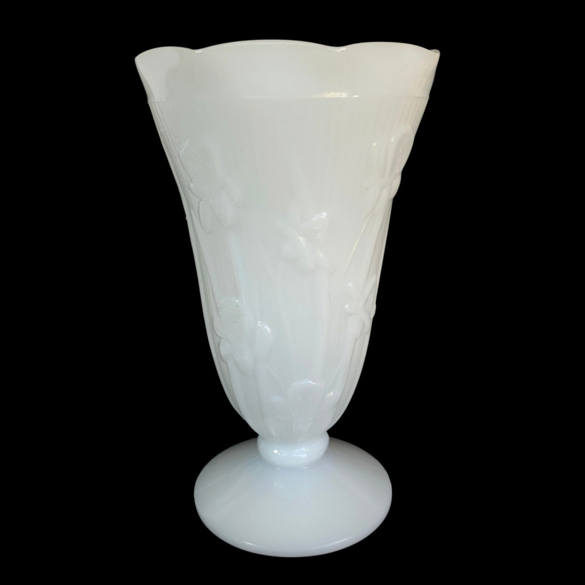 Vintage Jeannette Glass Iris & Herringbone Milk Glass 9” Footed Vase