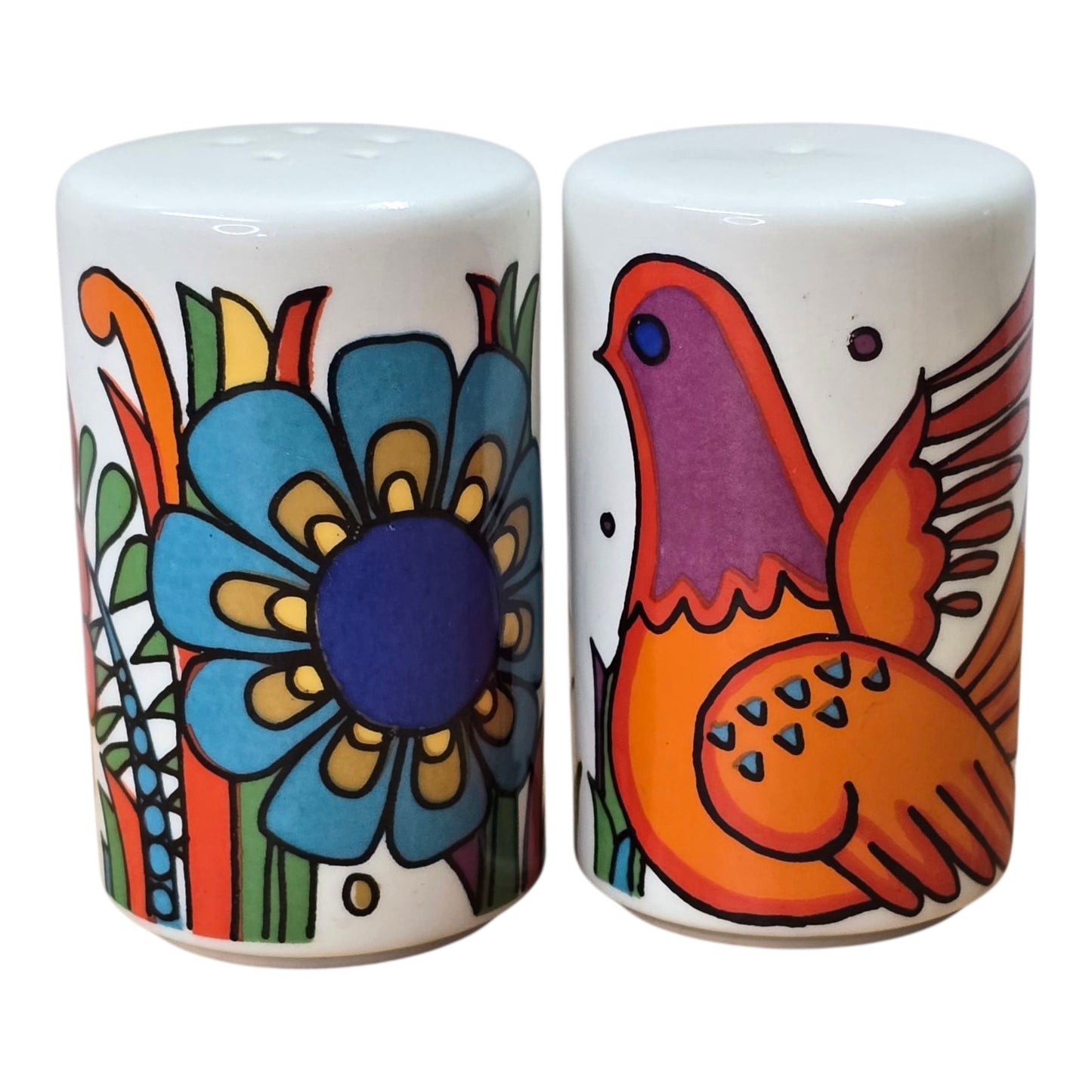 Vtg Villeroy Boch Acapulco Salt Pepper Shakers Retro Bird Flower Set Pop Art