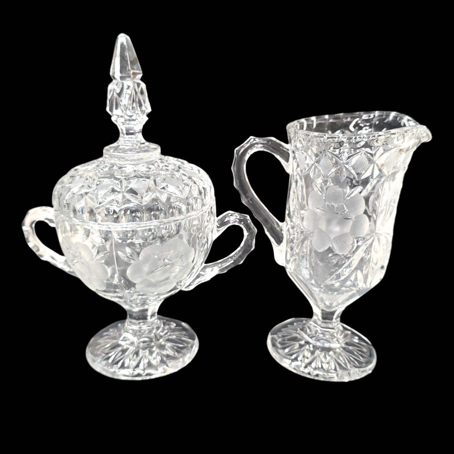 1930's Clear Selenium Glass Creamer & Sugar Set - Frosted Rose - 365nm Pink Glow