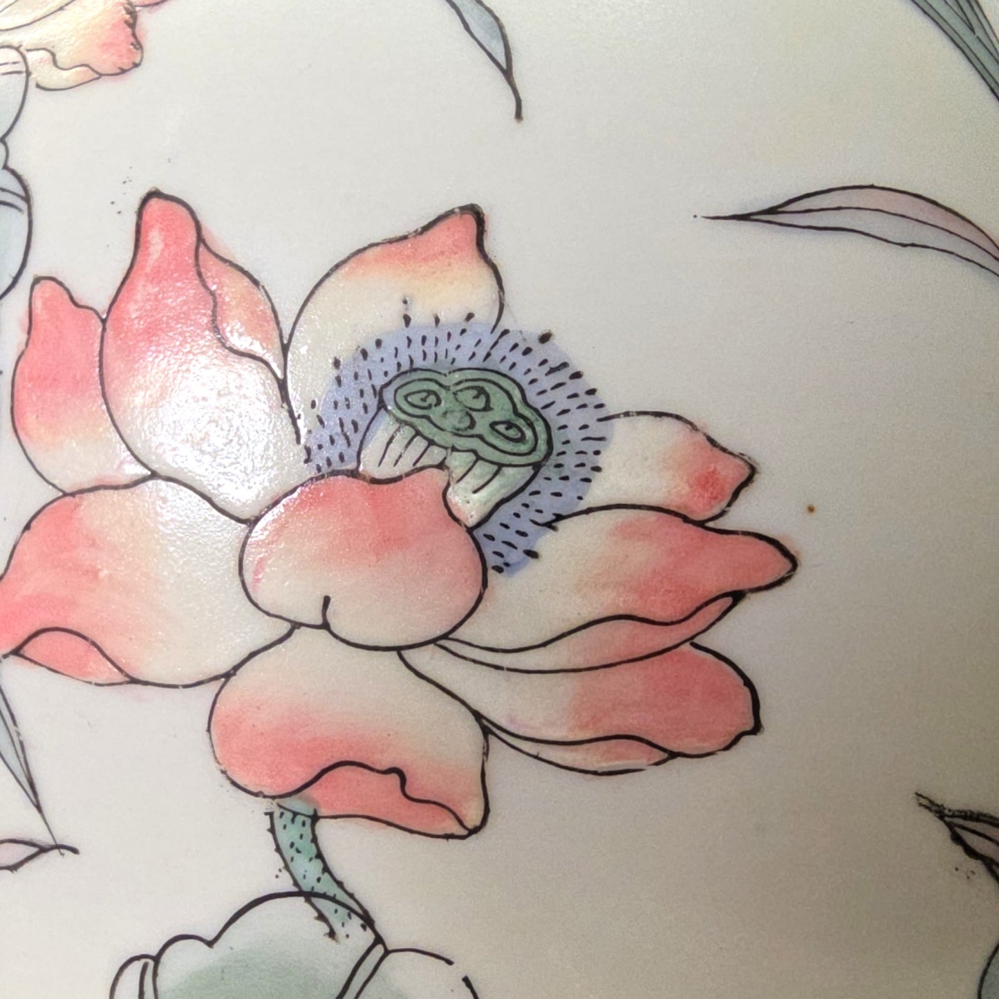 Vintage Asian Porcelain Ginger Jar with Lid, Floral Pattern with Birds in Pastel Mint and Peach