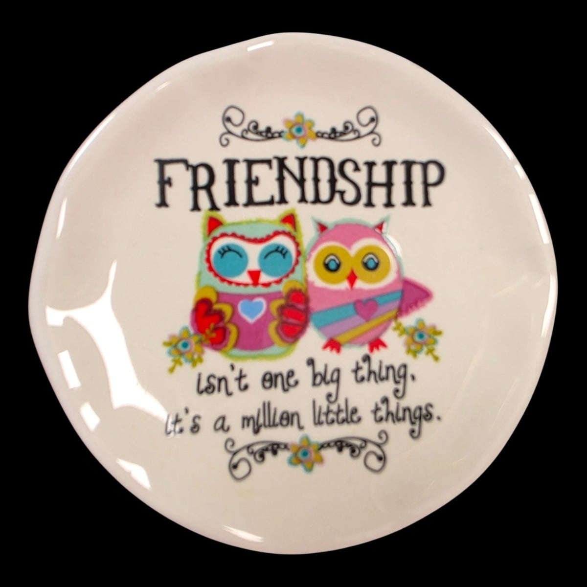 Natural Life Friendship Owls Ceramic Trinket Dish Ring Jewelry Tray 3 Inch