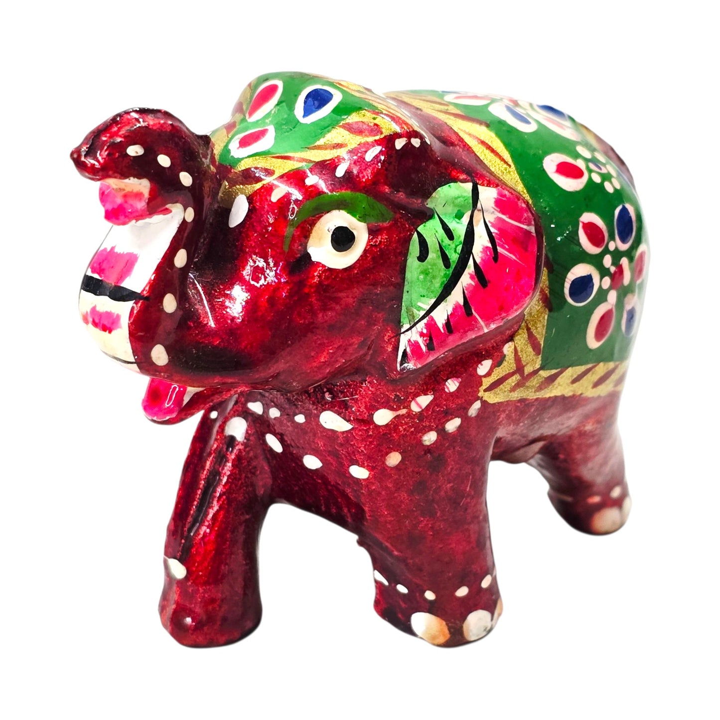 Vtg Hand Painted Mini Elephant Figurine Red Green Folk Art India 2" Decor