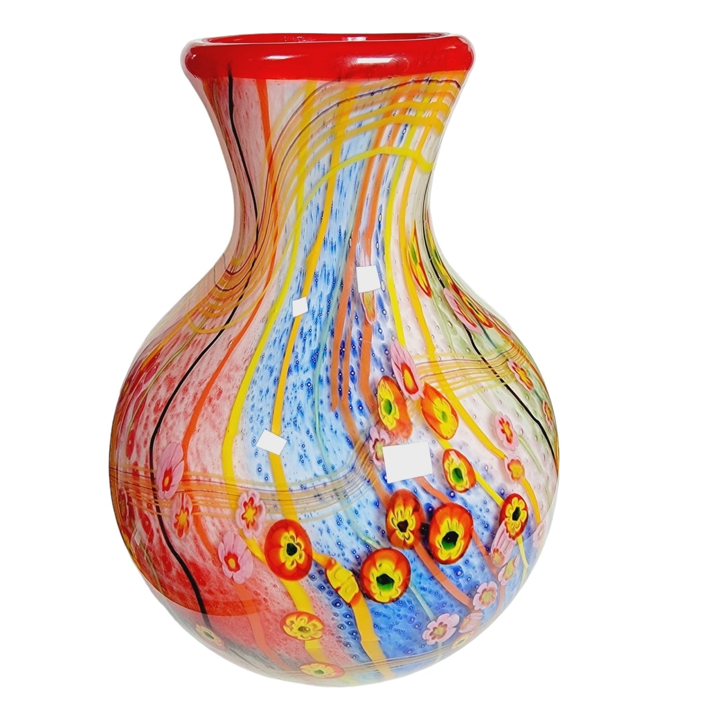 Large Murano Style Art Glass Vase Millefiori Hand-Blown Cased Glass 9.5"