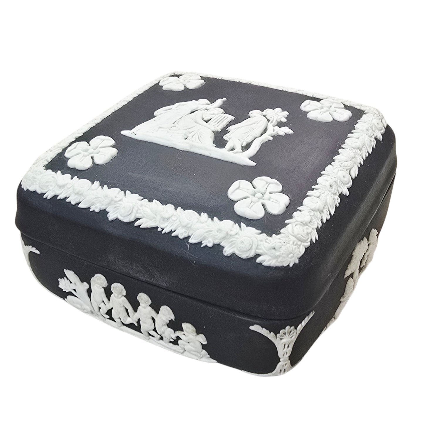 Wedgwood Black Basalt Jasperware trinket box Square Cherubs Courting Couples Made in England