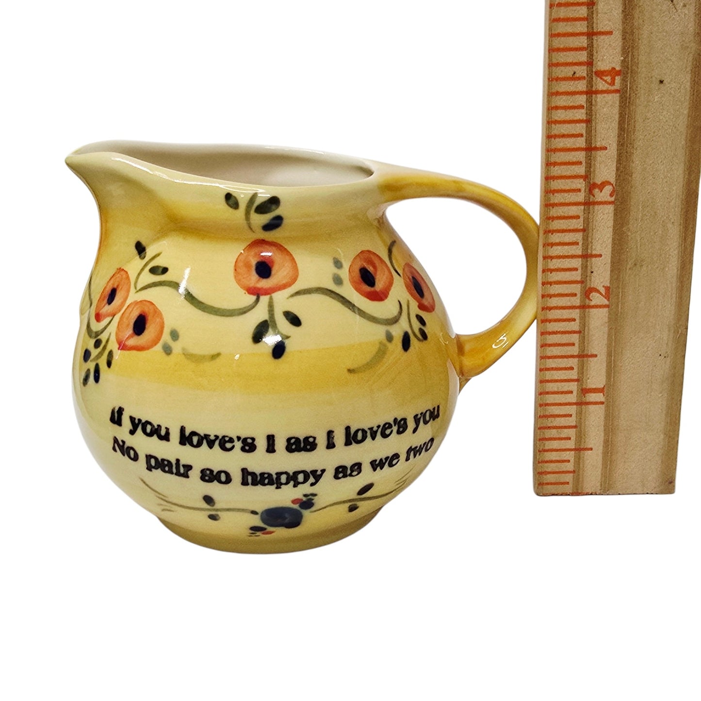 Vintage Yellow Pottery Pitcher Motto Ware Stenciled Quote Floral Small Creamer