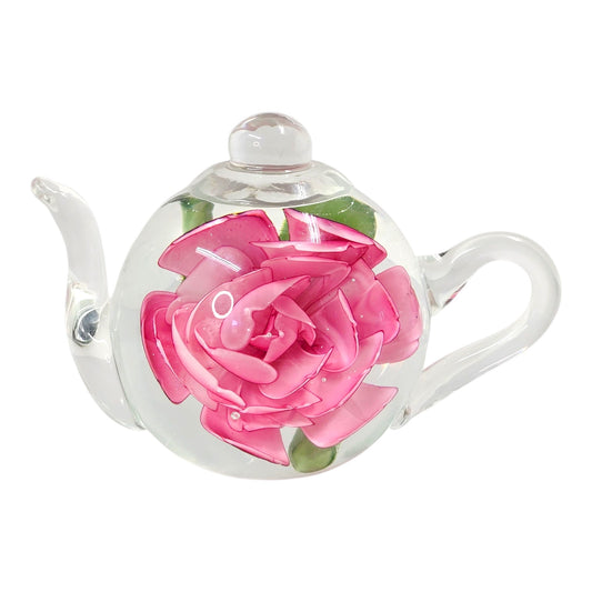 Dynasty Gallery Glass Rose Teapot Paperweight Heirloom Collection Handblown
