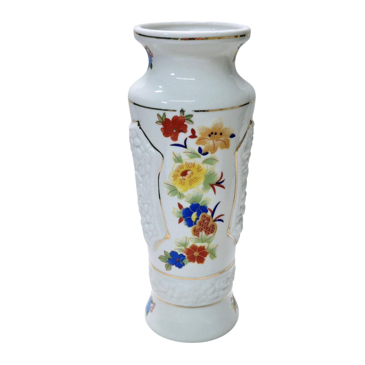 Vintage Porcelain Vase with Colorful Textured Floral Desgin Gold Trim