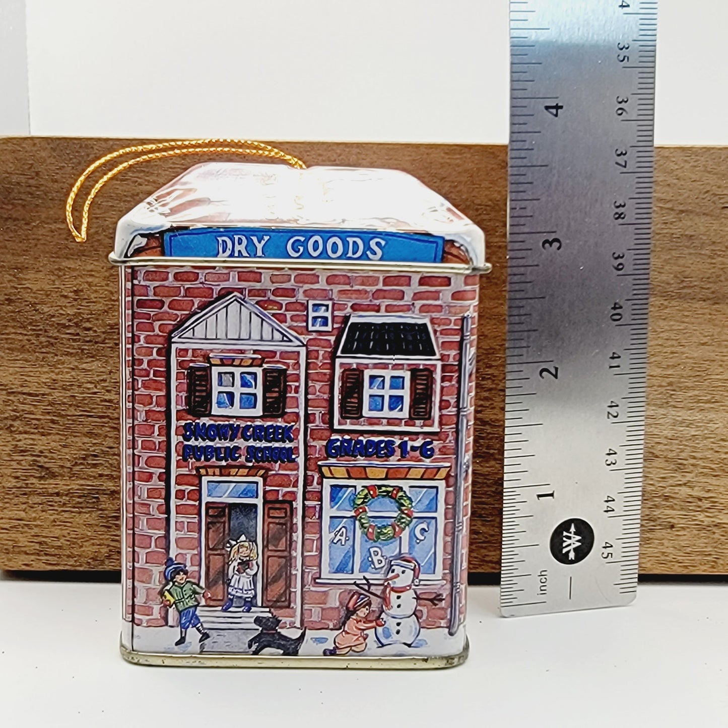 Vintage Tiny Tin Jar Ornament Pinchner Farms Schoolhouse Snowy Creek Public READ