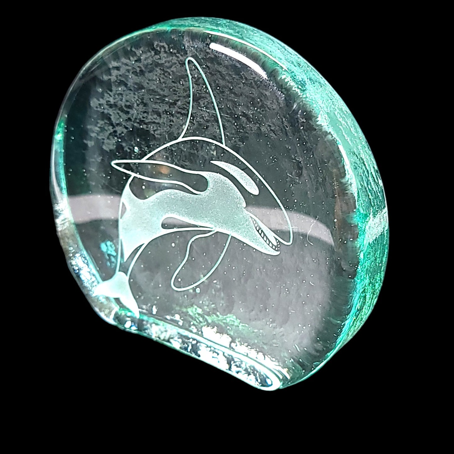 Etched Glass Orca Whale / Killer What Paperweight Figurine, Recycled Glass Whale