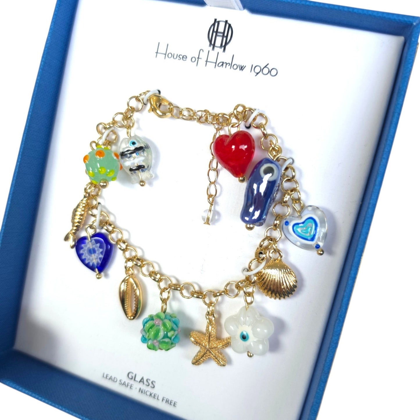 House of Harlow 1960 Gold Tone Multi Charm Bracelet Glass Lead Safe Nickel Free