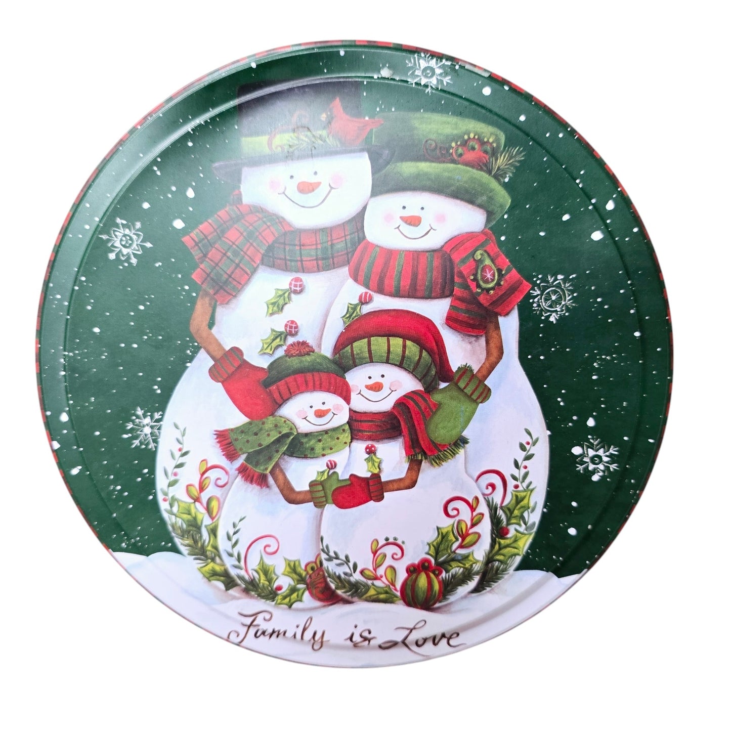 Set of 2 7" Holiday Christmas Tins Snowman Family is Love & Santa As Is Rim Dent