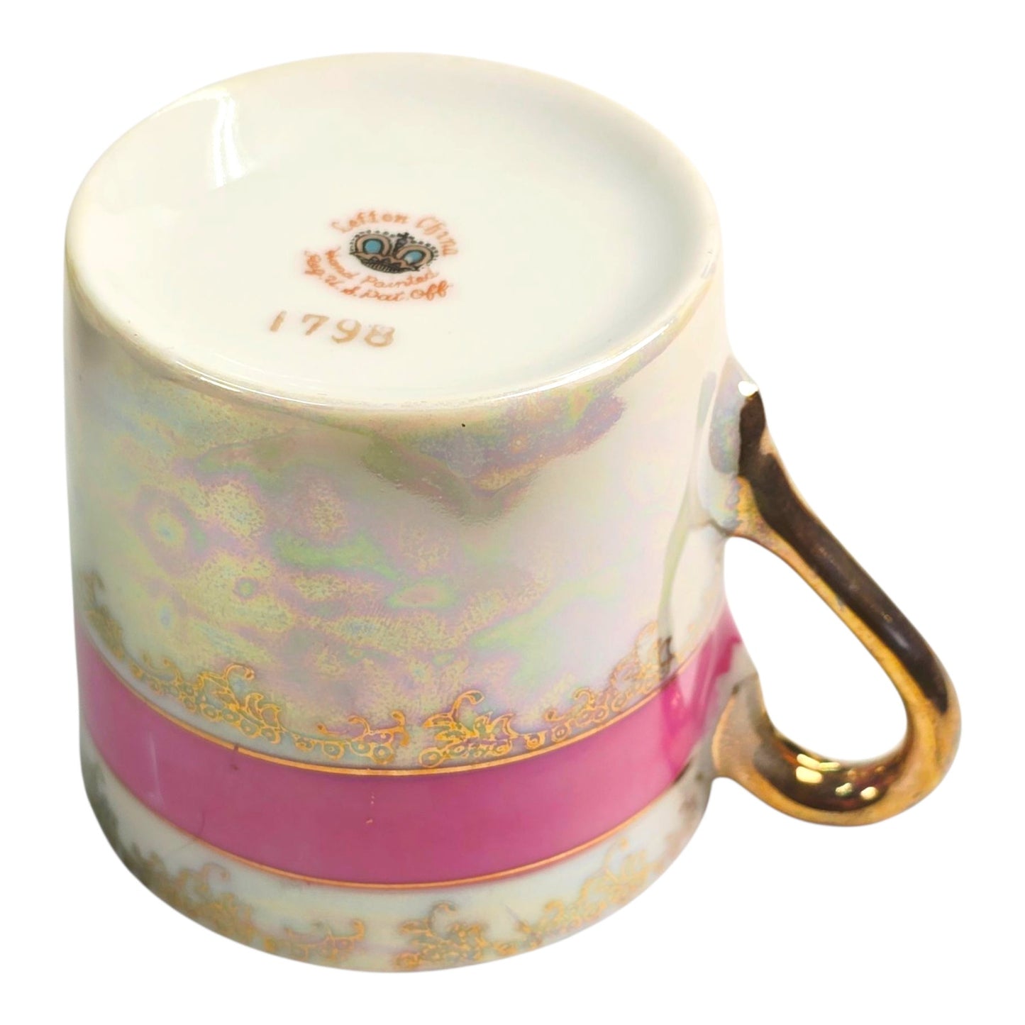 Vtg Lefton China Tea Cup & Saucer Pink Band Gold Trim Courting Couple 1798