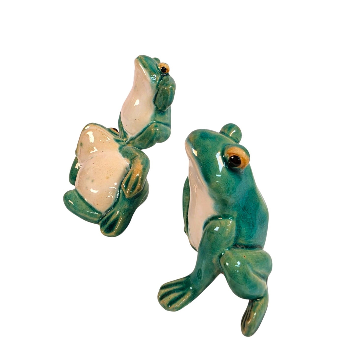 Vtg Ceramic Frog Figurines Lounging Set of 3 Whimsical Anthropomorphic MCM Decor