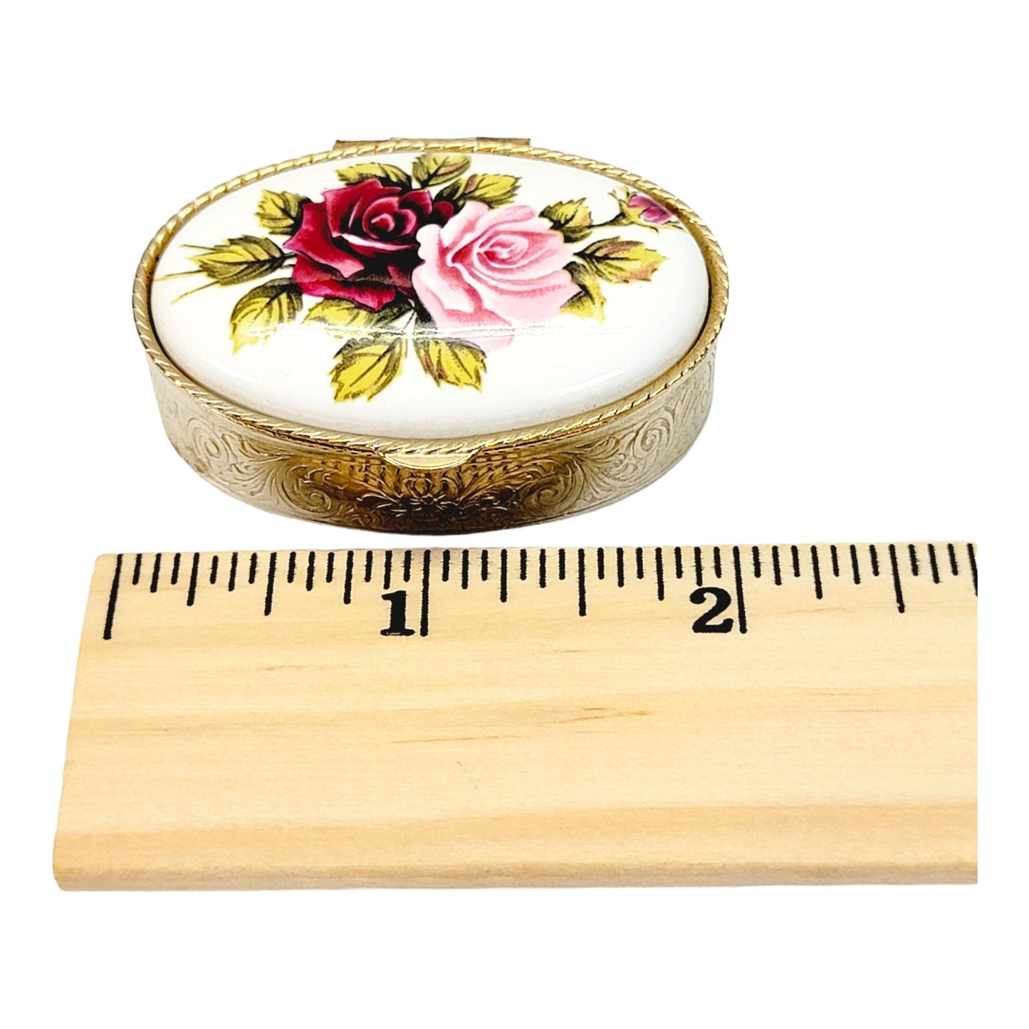 Vintage Ceramic & Metal Hinged Pill Box, Floral Roses Trinket Box