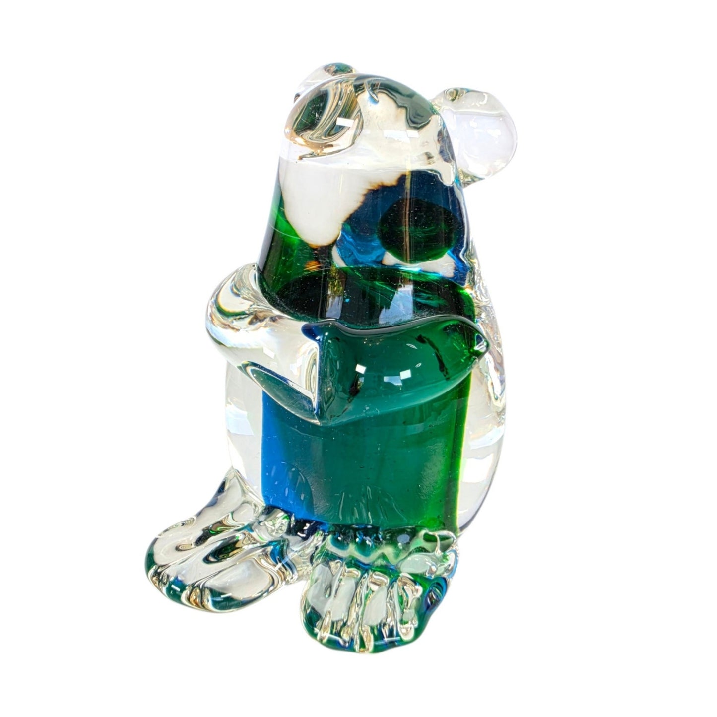 Vintage Art Glass Mouse? Koala? Figurine Paperweight Blue Green Cased Clear