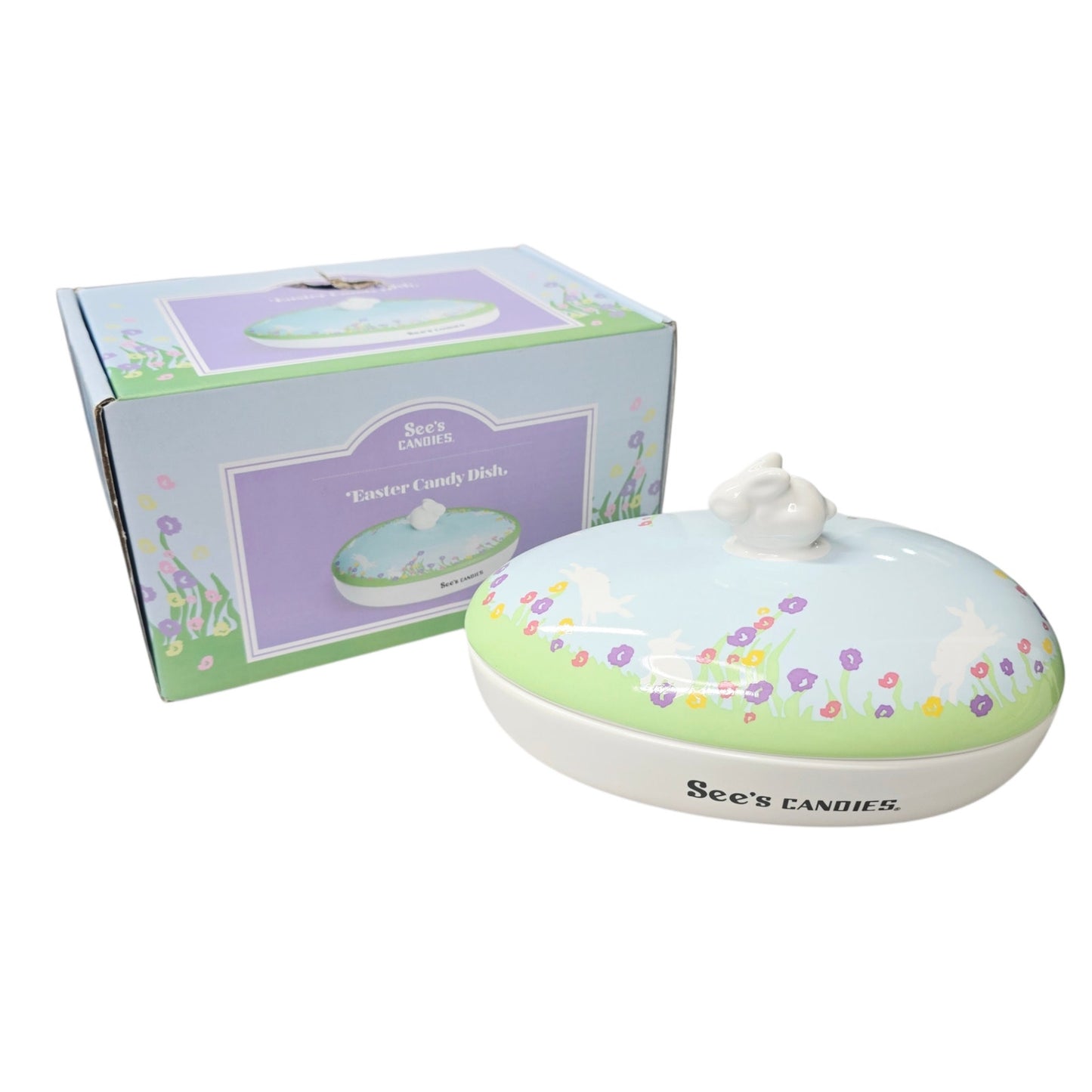 NIB See's Candies Easter Candy Dish Ceramic Lidded Bunny Knob Lid 7.5" Floral