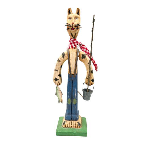 Vintage Hand-Carved Wooden Folk Art Cat Fisherman with Rod, Pail and Fish in Hand, 10" H