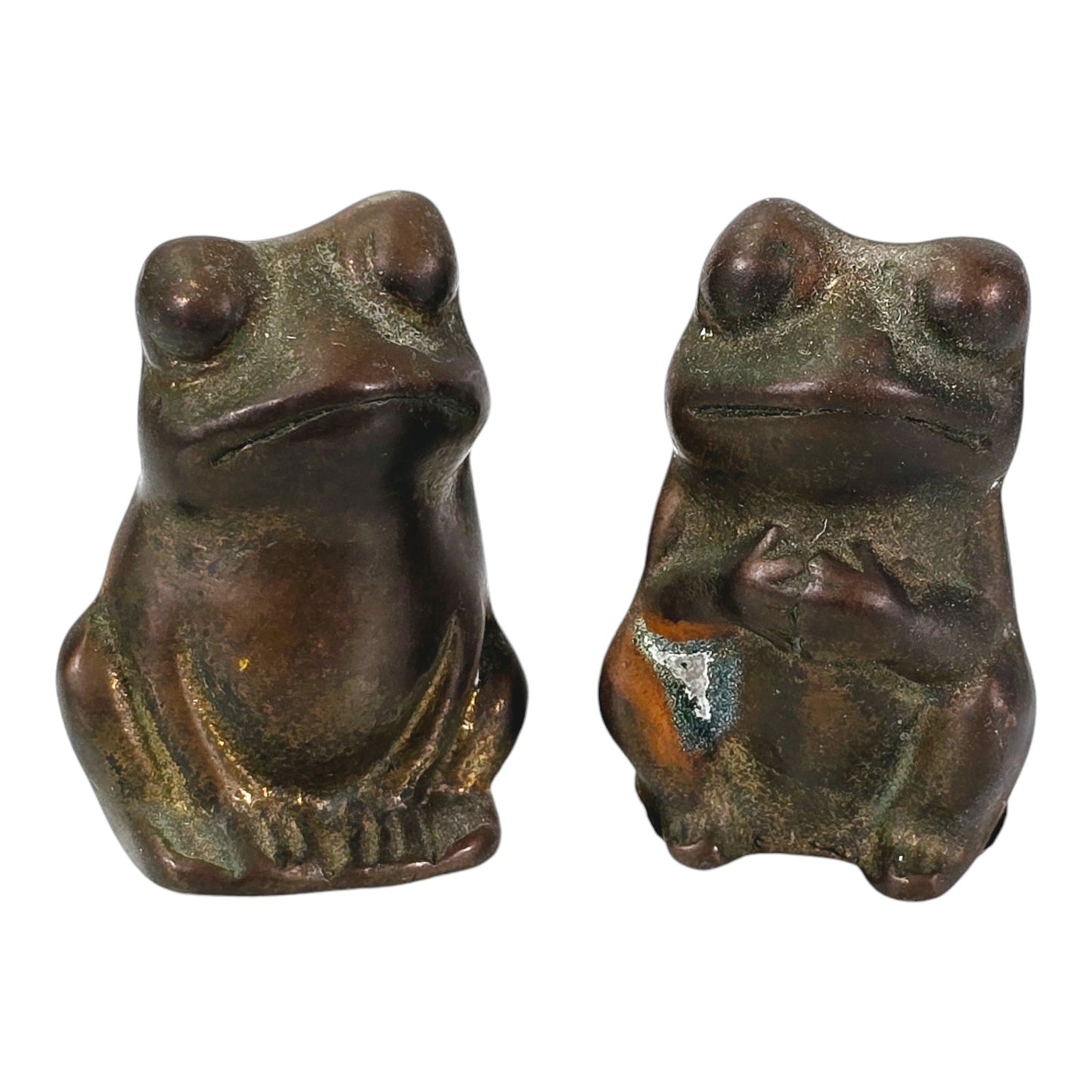 Set of 2 Miniature Brass Frog Figurines, with Patina, 1.5" H