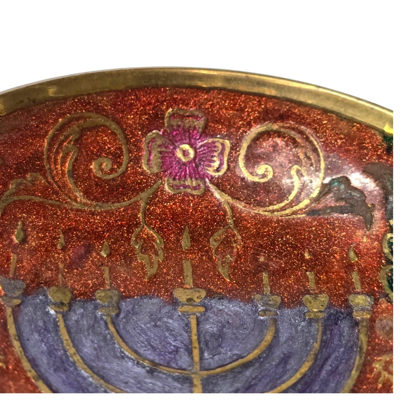 Vintage Brass Menorah Bowl Miniature Enamel Judaica Trinket Dish Israel