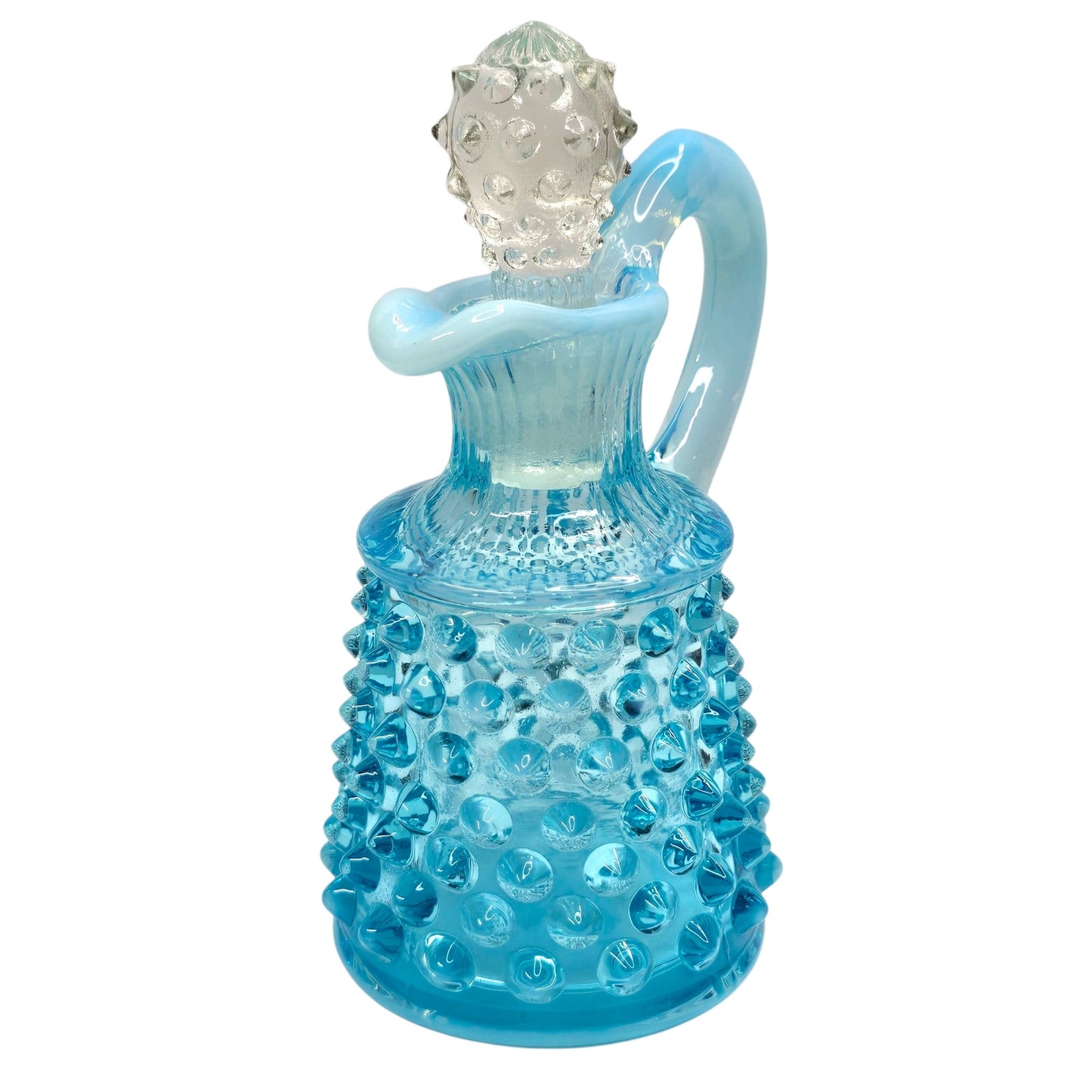 Fenton Blue Opalescent Hobnail Cruet w/ Stopper Uranium Reactive Art Glass