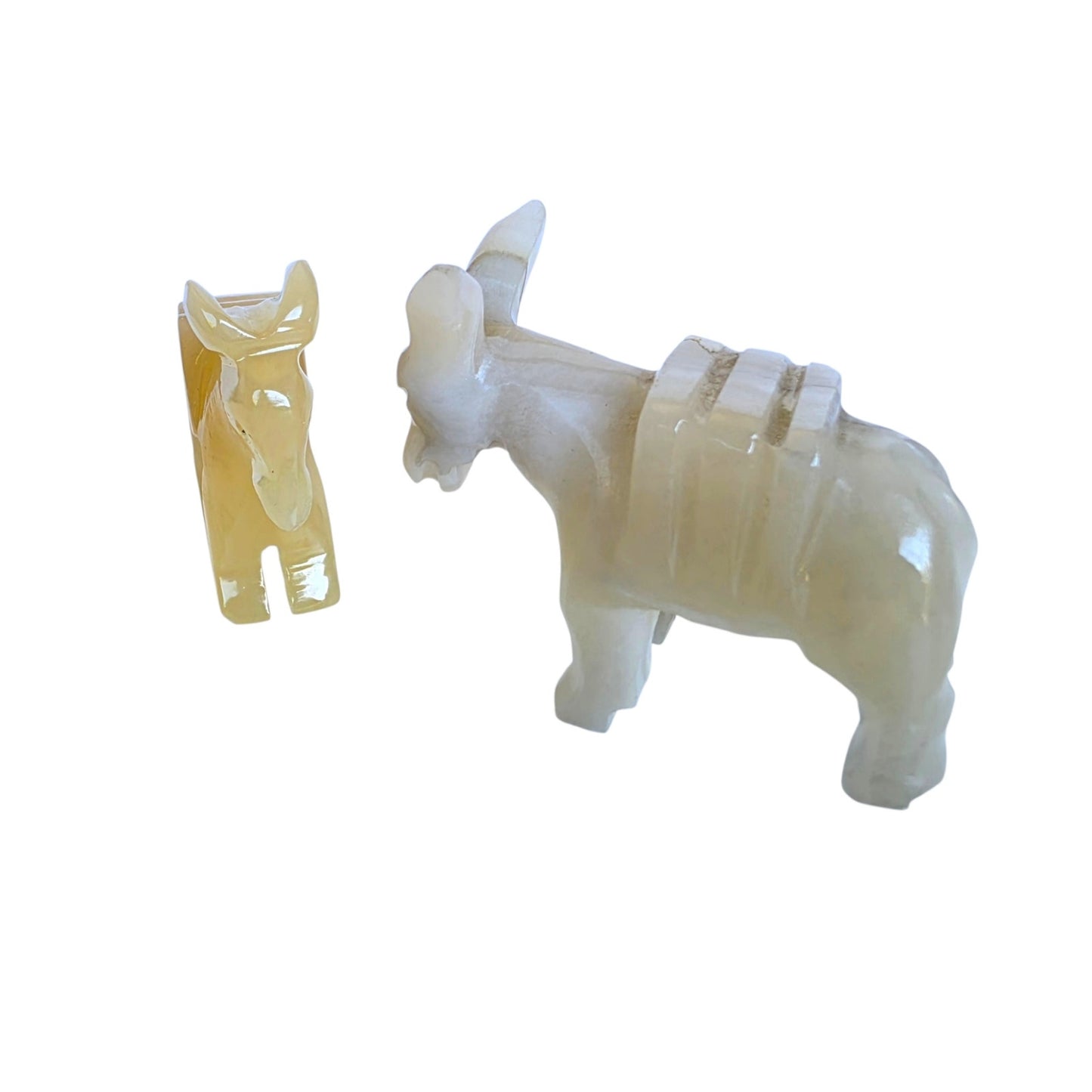 Vtg Carved Onyx Alabaster Donkey Figurines Pair UV Reactive Stone Nativity Piece