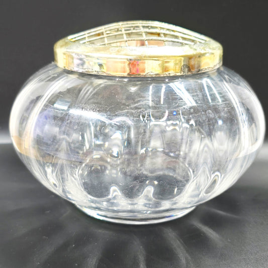 Vintage Pressed Glass Flower Frog Bowl, Rib Optic Pattern with Metal Grid Insert