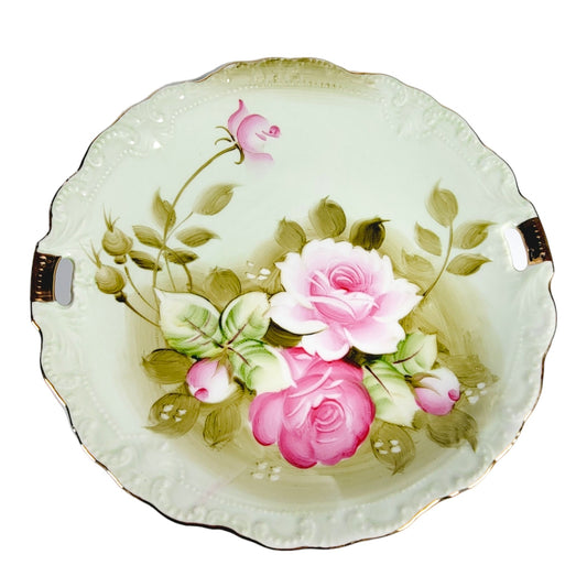 Lefton China Green Heritage Hand Painted Pink Roses Floral Plate