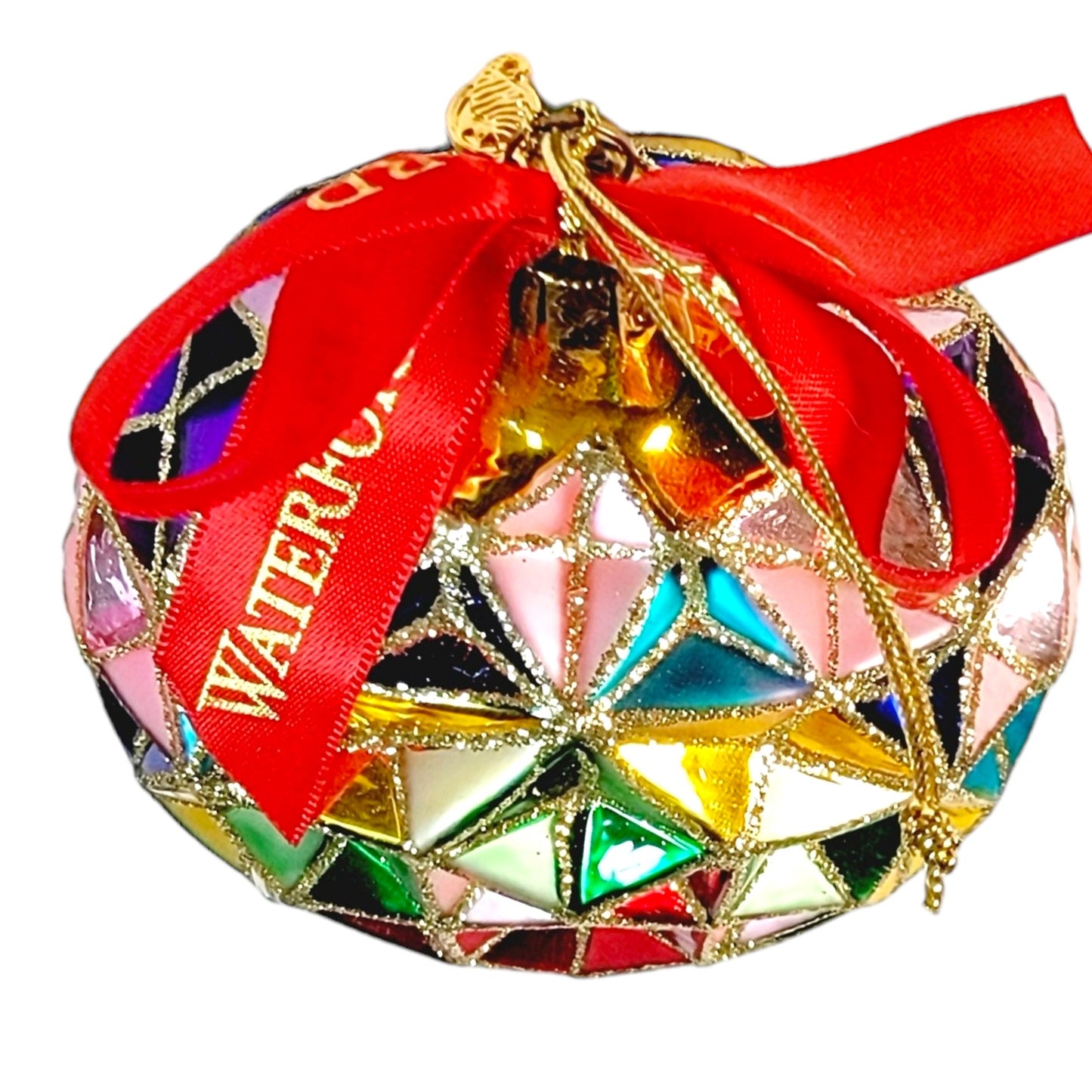 Waterford Christmas Holiday Heirloom Ornament Faceted Multi-Colored Red Ribbon Gold Glitter 5"