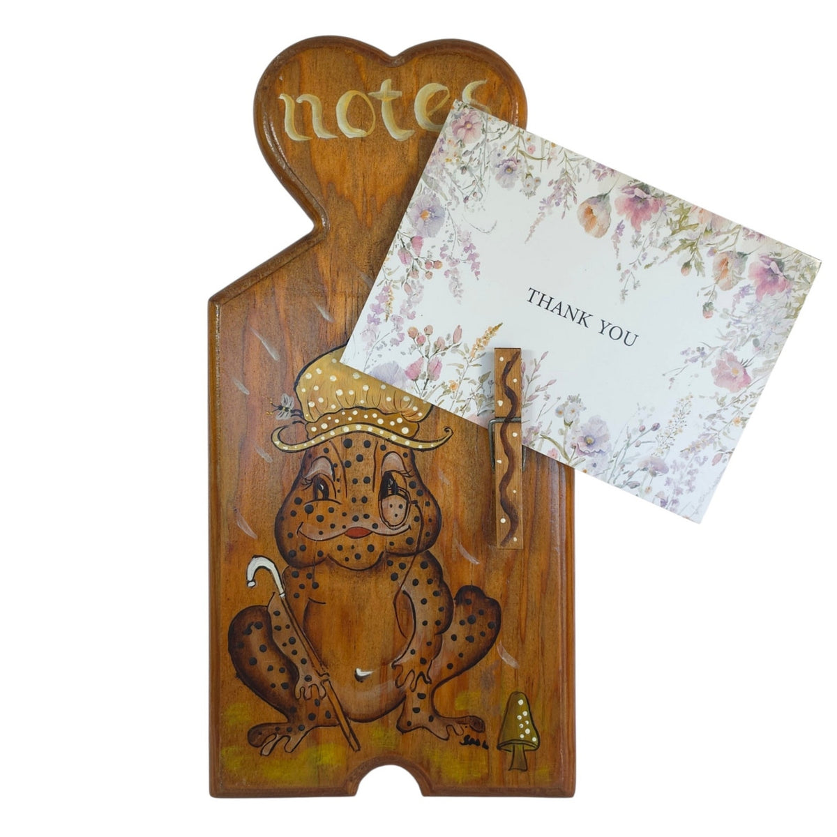 Vintage Wooden Frog Note Holder Wall Plaque Hand Painted Folk Art 11.25"